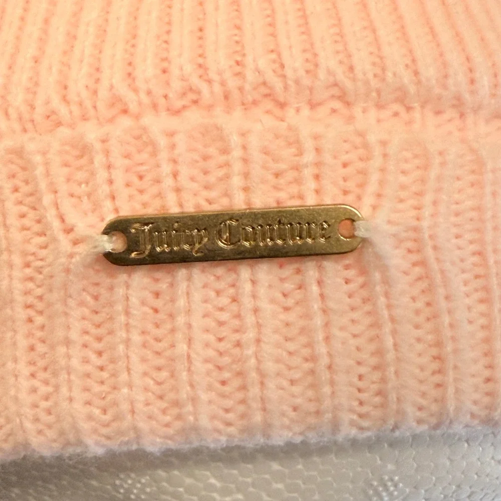 Juicy Couture Kids Pink Knit Beanie Rose Gold Logo Metallic Y2K Faux Fur Lined